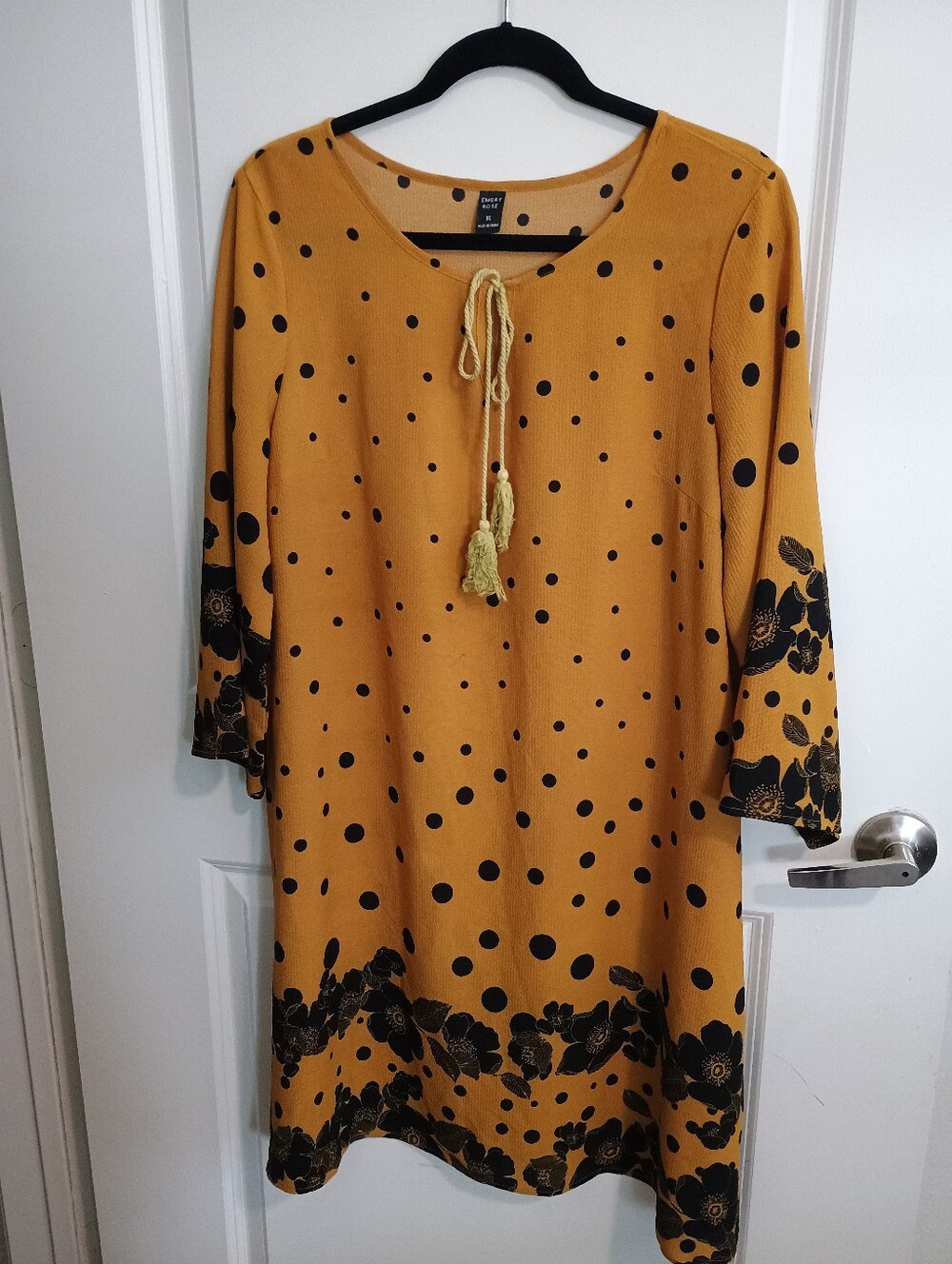 Mustard Polka Dot & Floral Tie-Neck Women's Dress
